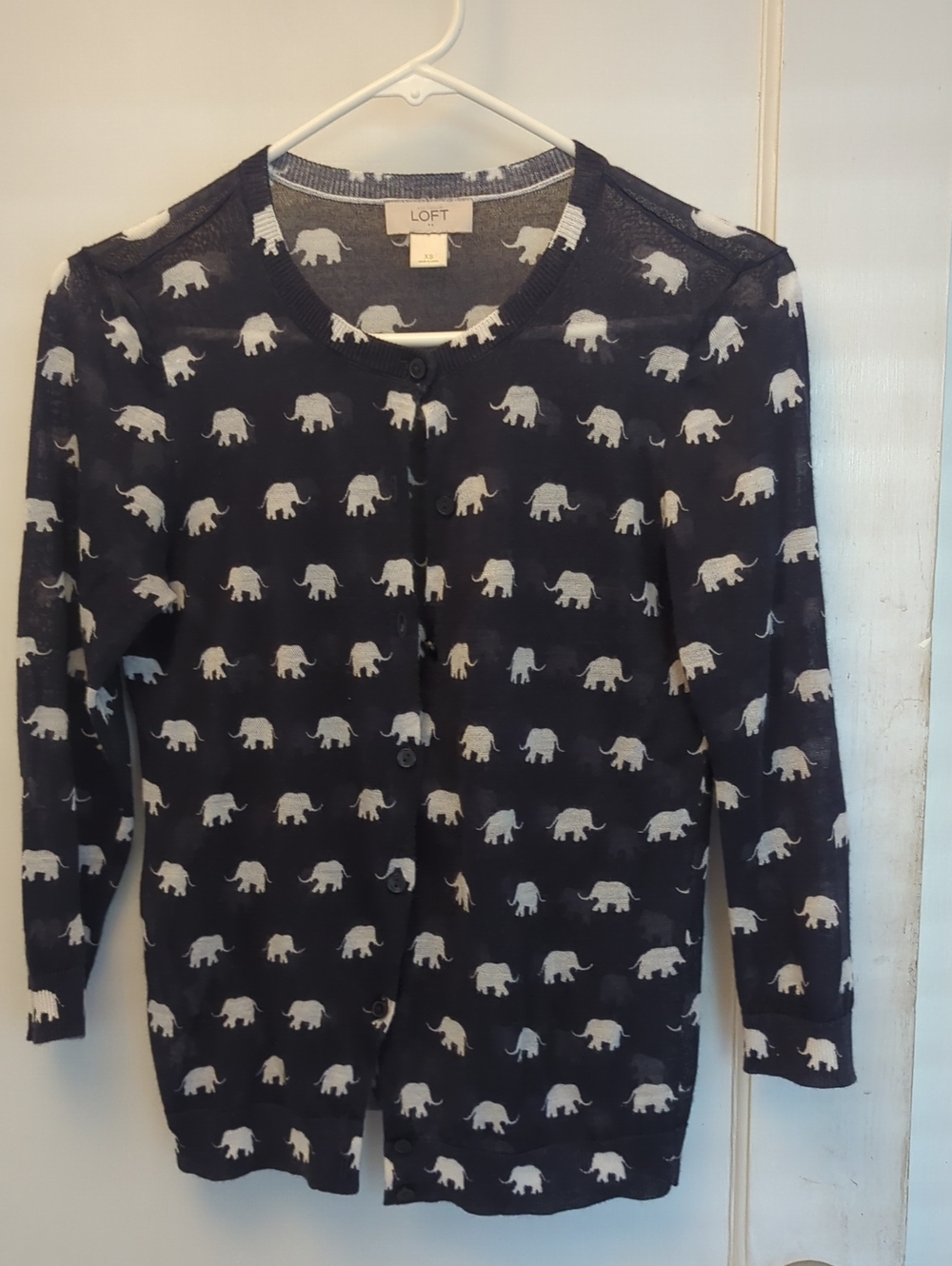LOFT Navy and White Elephant Print Cardigan